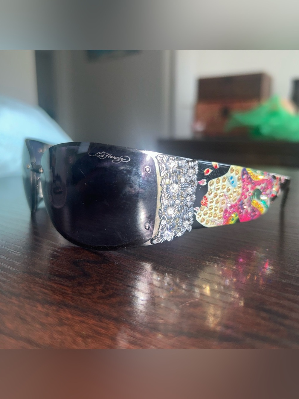 Bedazzled Ed Hardy Sunglasses with Metal Flowers